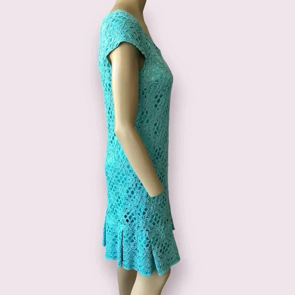 JAX Cap Sleeves Eyelet Crocheted Lace Shift Dress Pleated Hem Size 12 Teal Retro - Picture 8 of 16